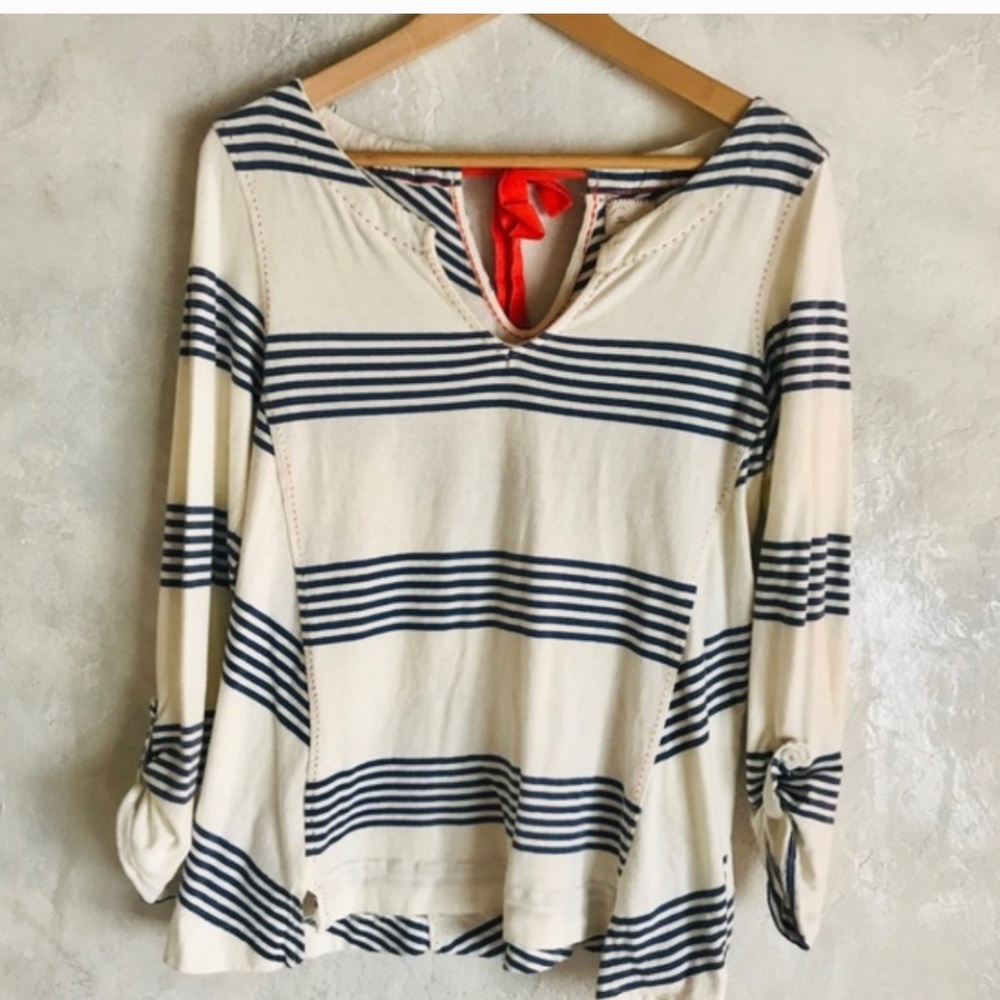 Anthropologie postmark Navy striped pullover size small. Red back tie